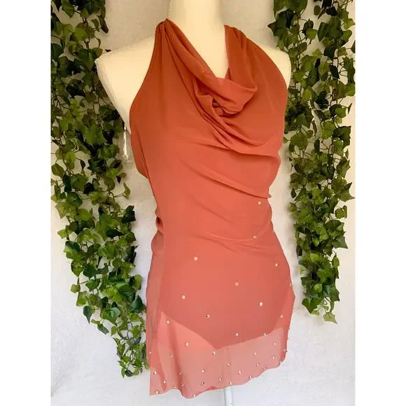 Balera Dance Orange Sheer Mini Dress with Underneath Leotard Women's SZ Small - Picture 3 of 11